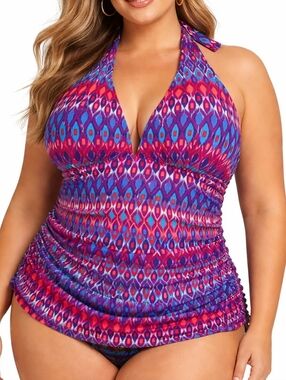 La Blanca Pink Blue Geometric Halter Tankini Top Stretch Ruched Swimwear Resort